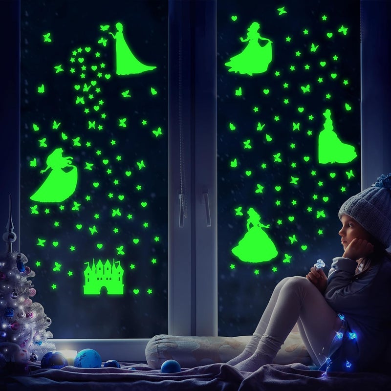 Robmoda Glow in The Dark Princess Castle Wall Sticker, Self-Adhesive Star Butterfly Wall Decal for Girl's Room, Fluorescent Sticker for Ceiling Nursery (Green) - Image 2